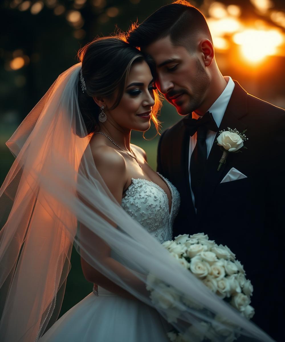 Bride and groom portrait at golden hour